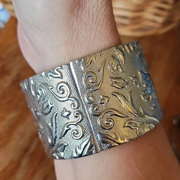Wide Silvertone Scroll Design Cuff Bracelet - Picture 2 of 10